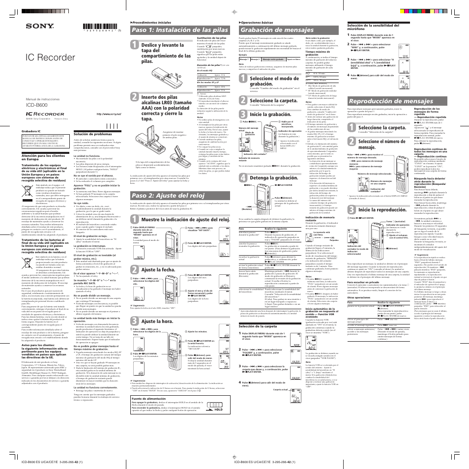 Sony ICD-B600 Manual del usuario | Páginas: 2