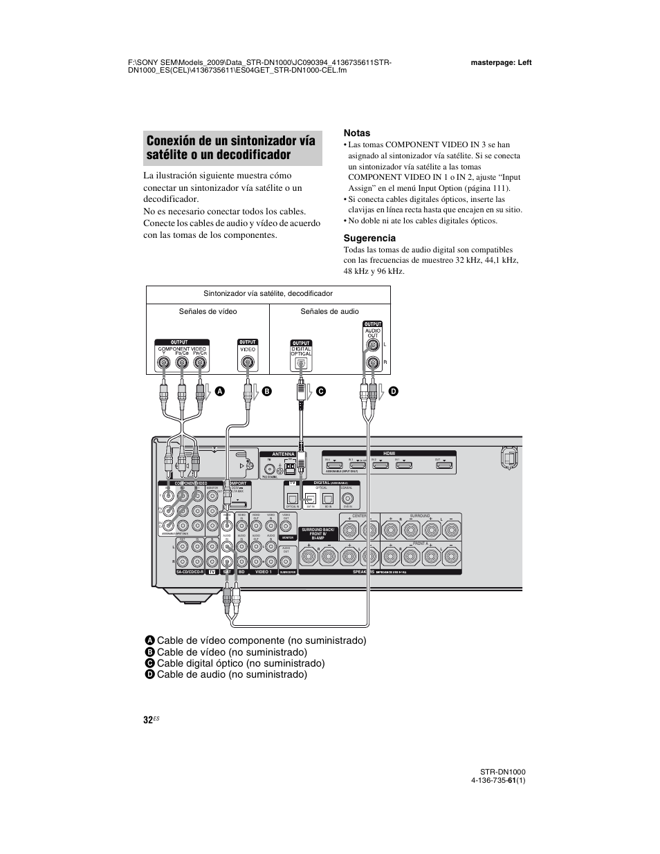 Sugerencia, Señales de vídeo señales de audio, Sintonizador vía satélite, decodificador | Sony STR-DN1000 Manual del usuario | Página 32 / 144