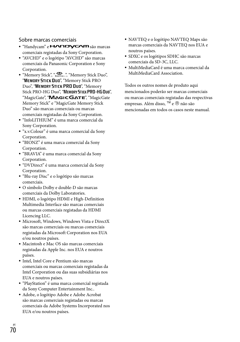 Sobre marcas comerciais | Sony HDR-CX305E Manual del usuario | Página 144 / 307