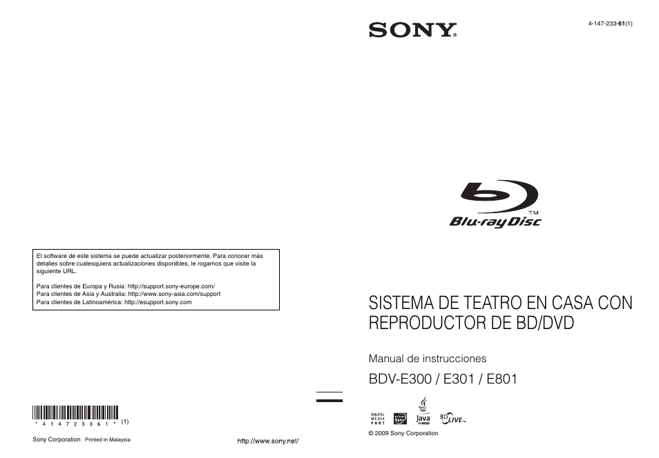 Sony BDV-E801 Manual del usuario | Páginas: 123