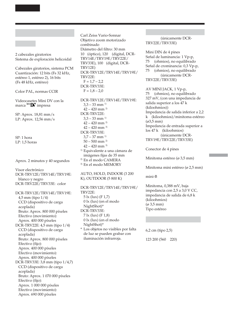 Especificaciones, Videocámara, Español | Sony DCR-TRV22E Manual del usuario | Página 305 / 320