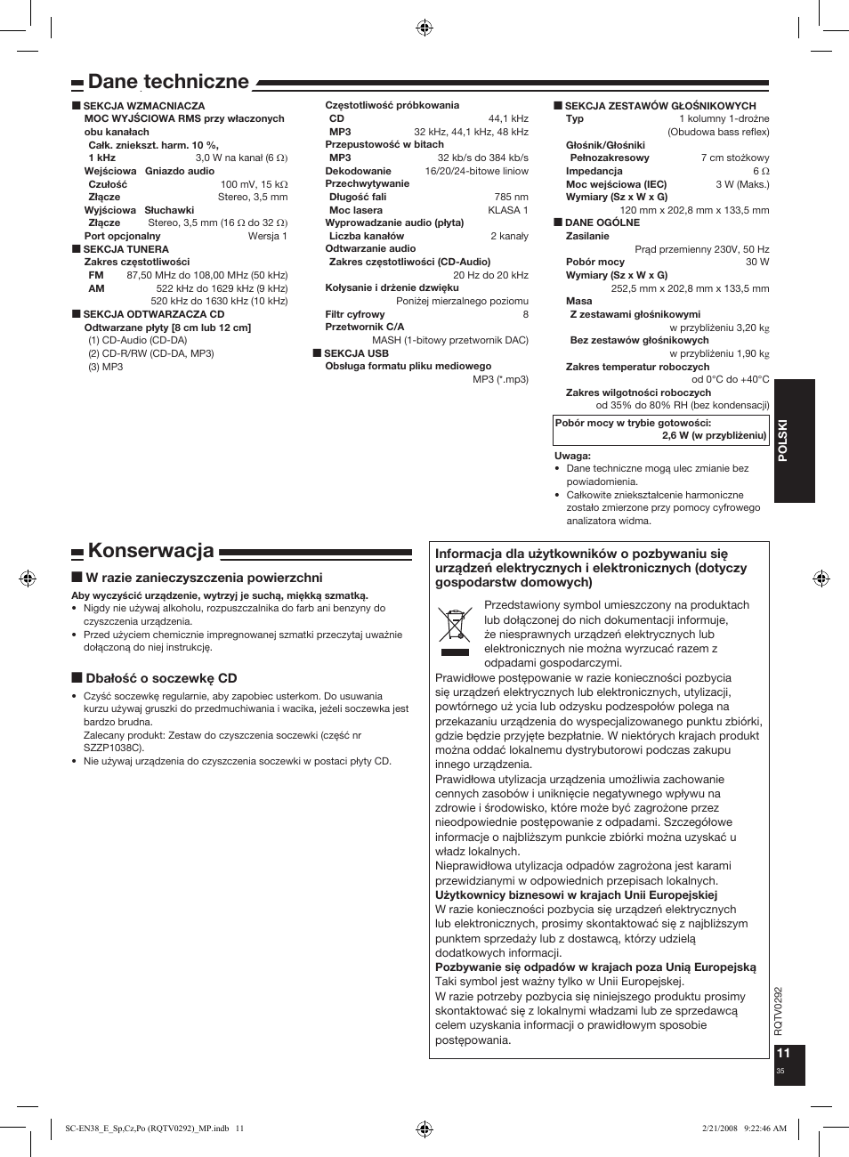 Dane techniczne, Konserwacja | Panasonic SCEN38 Manual del usuario | Página 35 / 36