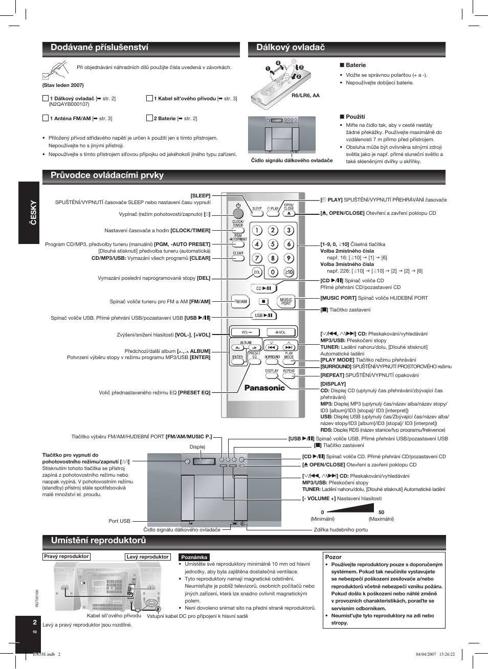 Dálkový ovladaè prùvodce ovládacími prvky, Umístìní reproduktorù, Dodávané pøíslušenství | Èesky, Sa-en35 | Panasonic SCEN35 Manual del usuario | Página 10 / 24