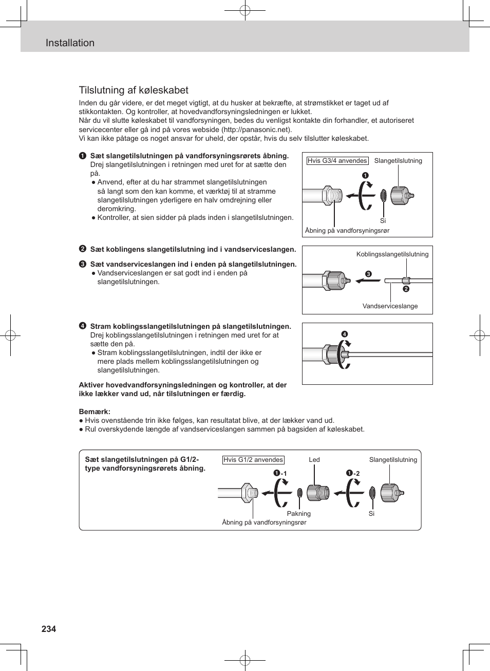 Installation tilslutning af køleskabet | Panasonic NRB53V1 Manual del usuario | Página 179 / 261