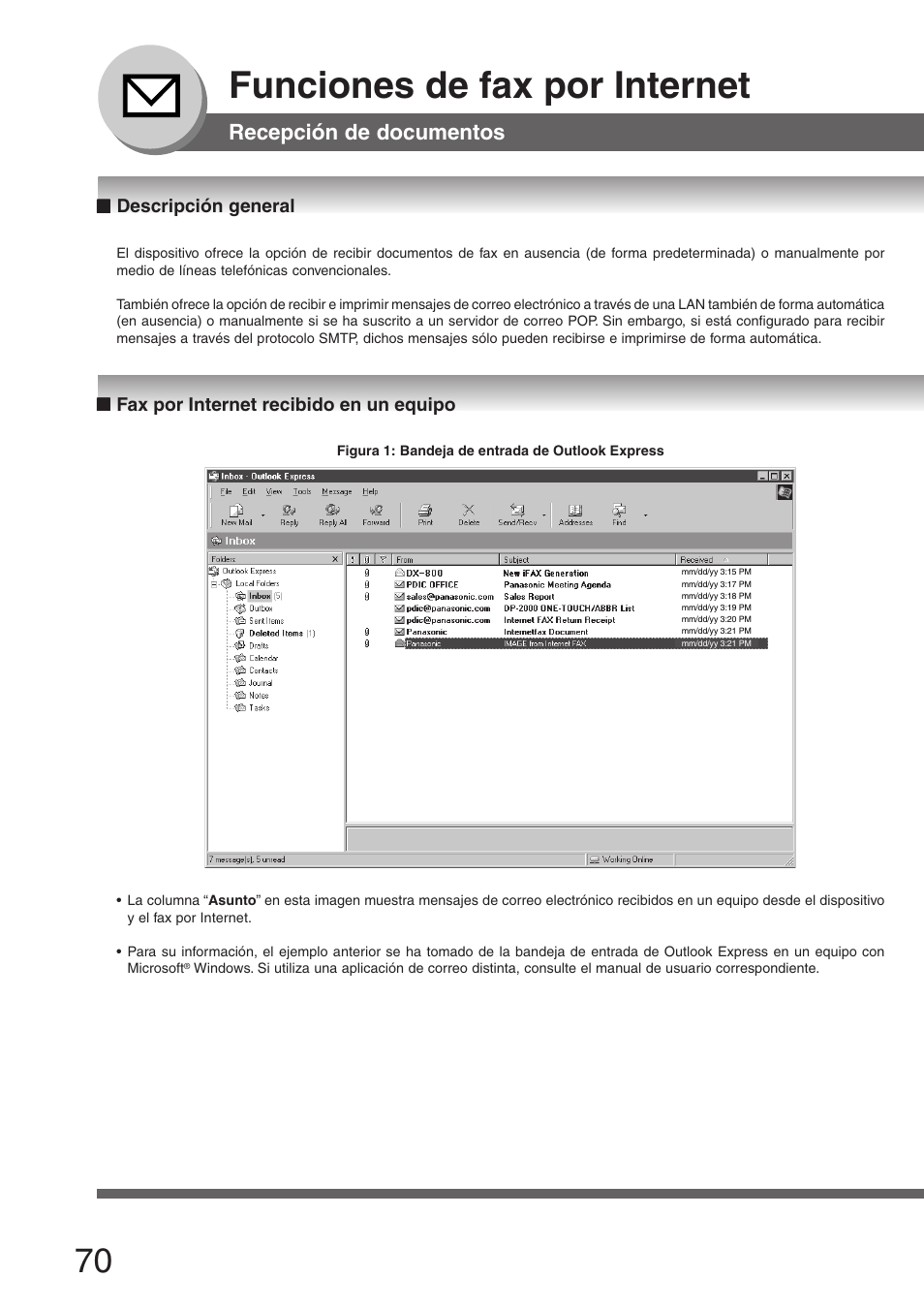 Recepción de documentos, Descripción general, Fax por internet recibido en un equipo | Funciones de fax por internet | Panasonic DP8060 Manual del usuario | Página 70 / 196
