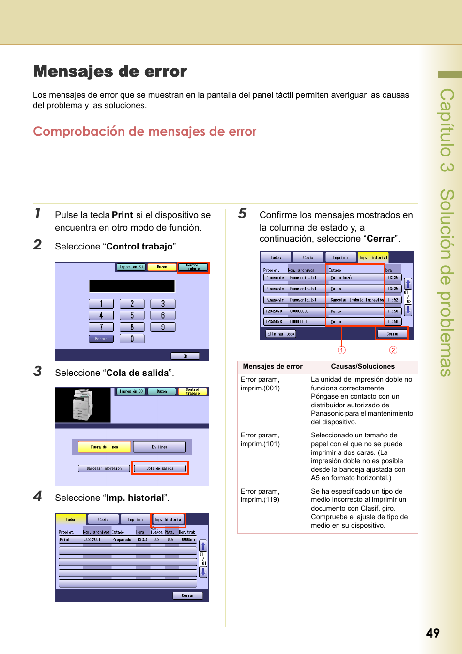 Mensajes de error, Comprobación de mensajes de error, Capítulo 3 solución de problemas | Panasonic DPC406 Manual del usuario | Página 49 / 54
