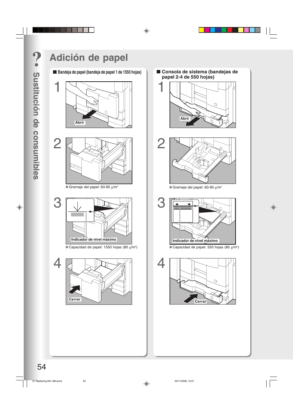 Sustitución de consumibles, Adición de papel, 54 y 55) | Sustitución de consumibles 54 | Panasonic DP8045 Manual del usuario | Página 54 / 84