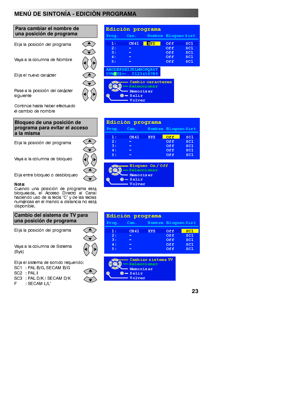 Para cambiar el nombre de una posición de programa, Edición programa | Panasonic TX23LX50F Manual del usuario | Página 23 / 44