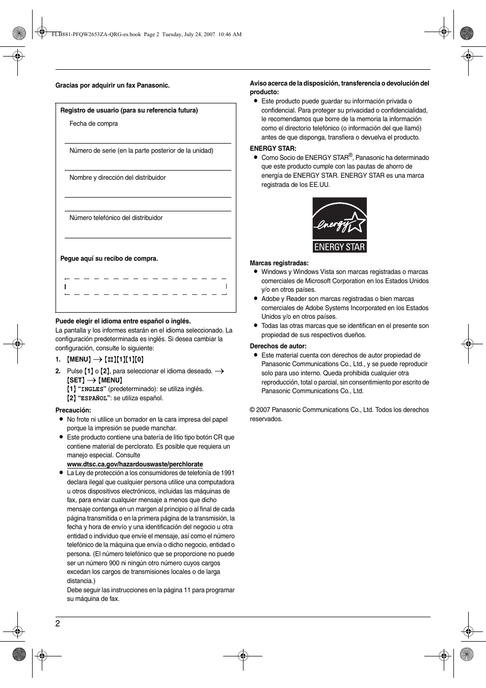 Panasonic KXFLB881 Manual del usuario | Página 2 / 20