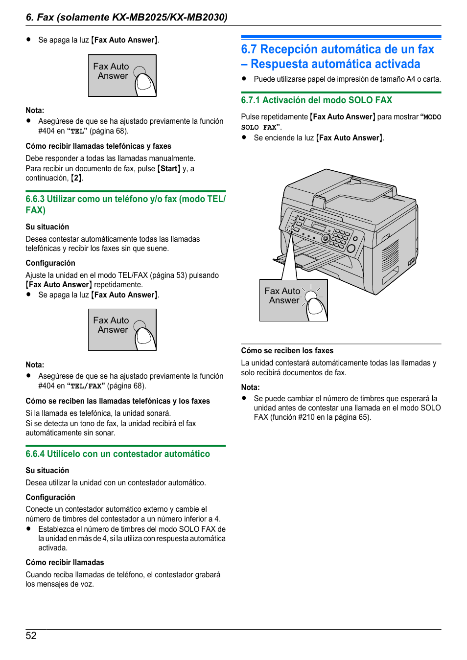 3 utilizar como un teléfono y/o fax (modo tel/fax), 4 utilícelo con un contestador automático, 1 activación del modo solo fax | Panasonic KXMB2010GX Manual del usuario | Página 52 / 128