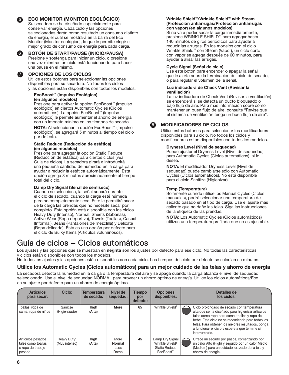 Guía de ciclos – ciclos automáticos | Whirlpool WED8000BW Manual del usuario | Página 6 / 20