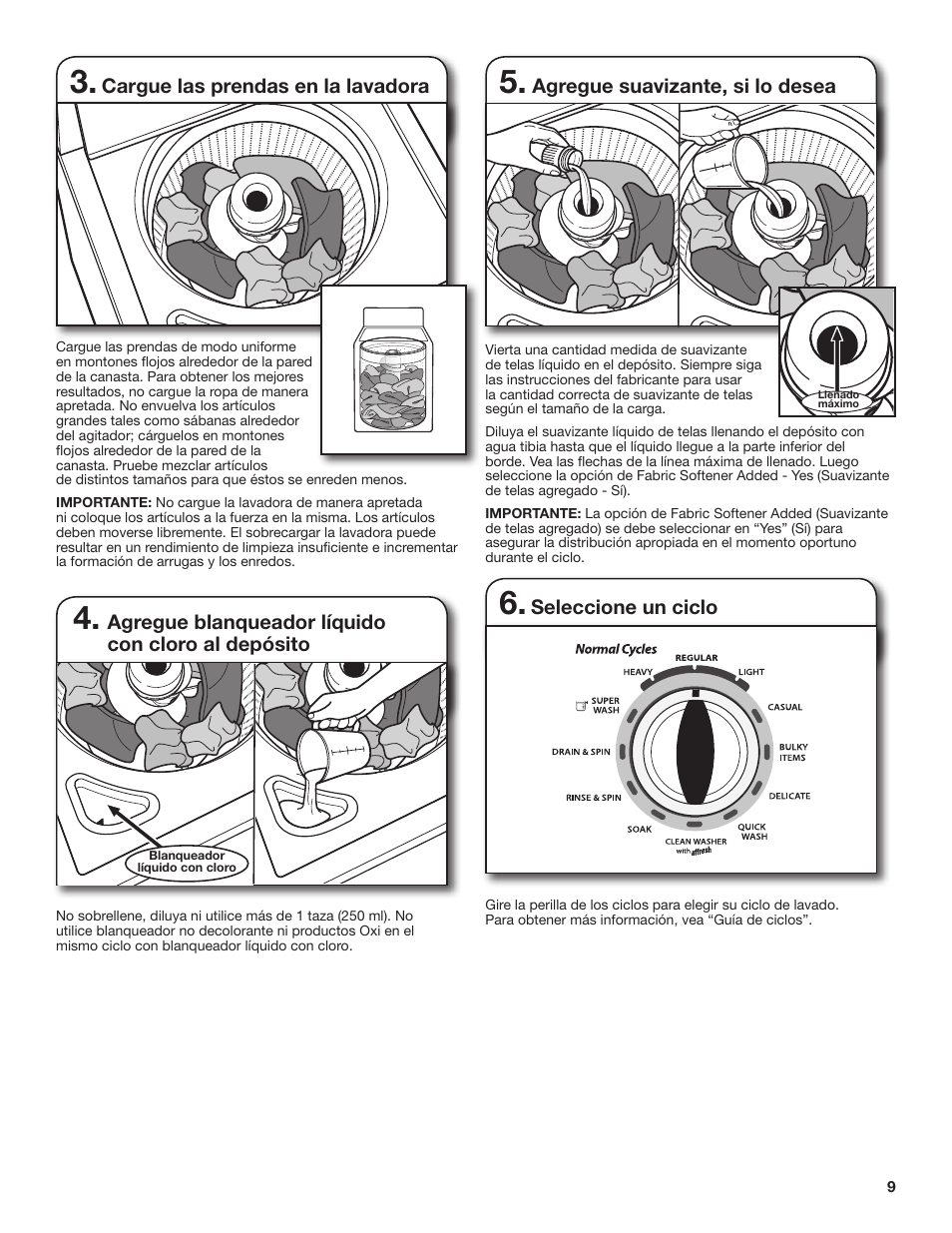 Agregue suavizante, si lo desea, Agregue blanqueador líquido con cloro al depósito, Cargue las prendas en la lavadora | Seleccione un ciclo | Whirlpool WTW4880AW Manual del usuario | Página 9 / 19