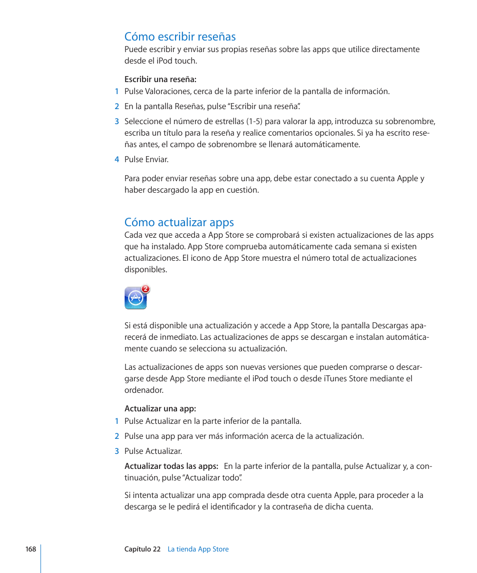 Cómo escribir reseñas, Cómo actualizar apps, 168 cómo escribir reseñas 168 cómo actualizar apps | Apple iPod touch iOS 4.3 Manual del usuario | Página 168 / 244