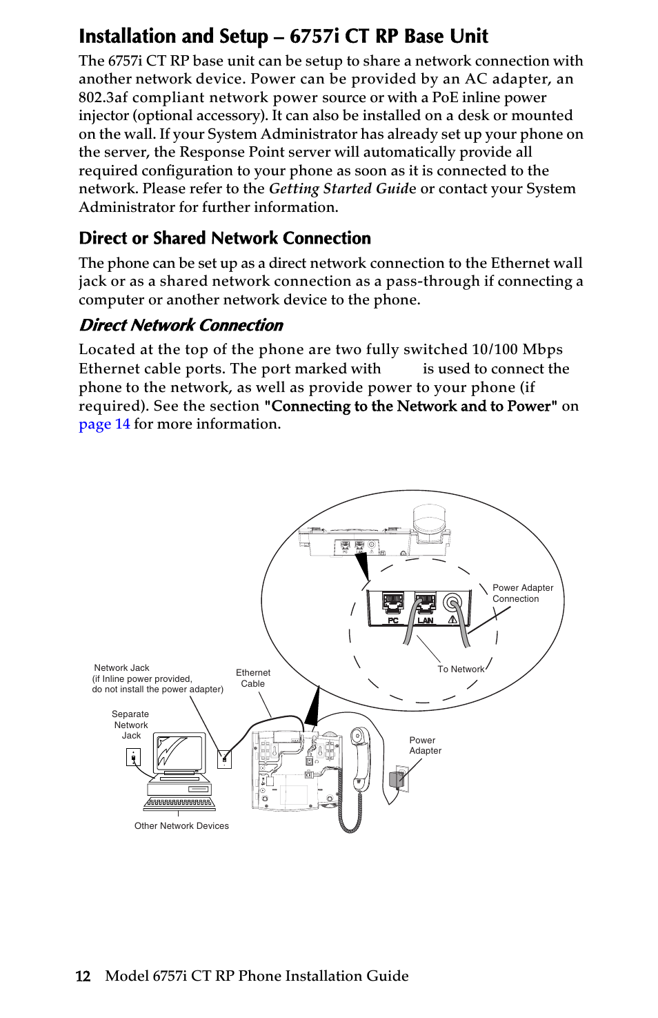 Installation and setup – 6757i ct rp base unit, Direct or shared network connection, Direct network connection | AASTRA 6757i CT RP User Manual | Page 18 / 48