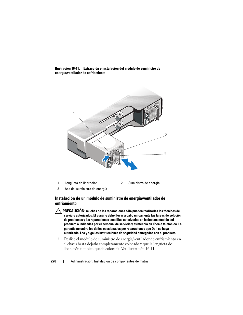 Instalación de un módulo de suministro de, Energía/ventilador de enfriamiento | Dell POWERVAULT MD3620F Manual del usuario | Página 278 / 344