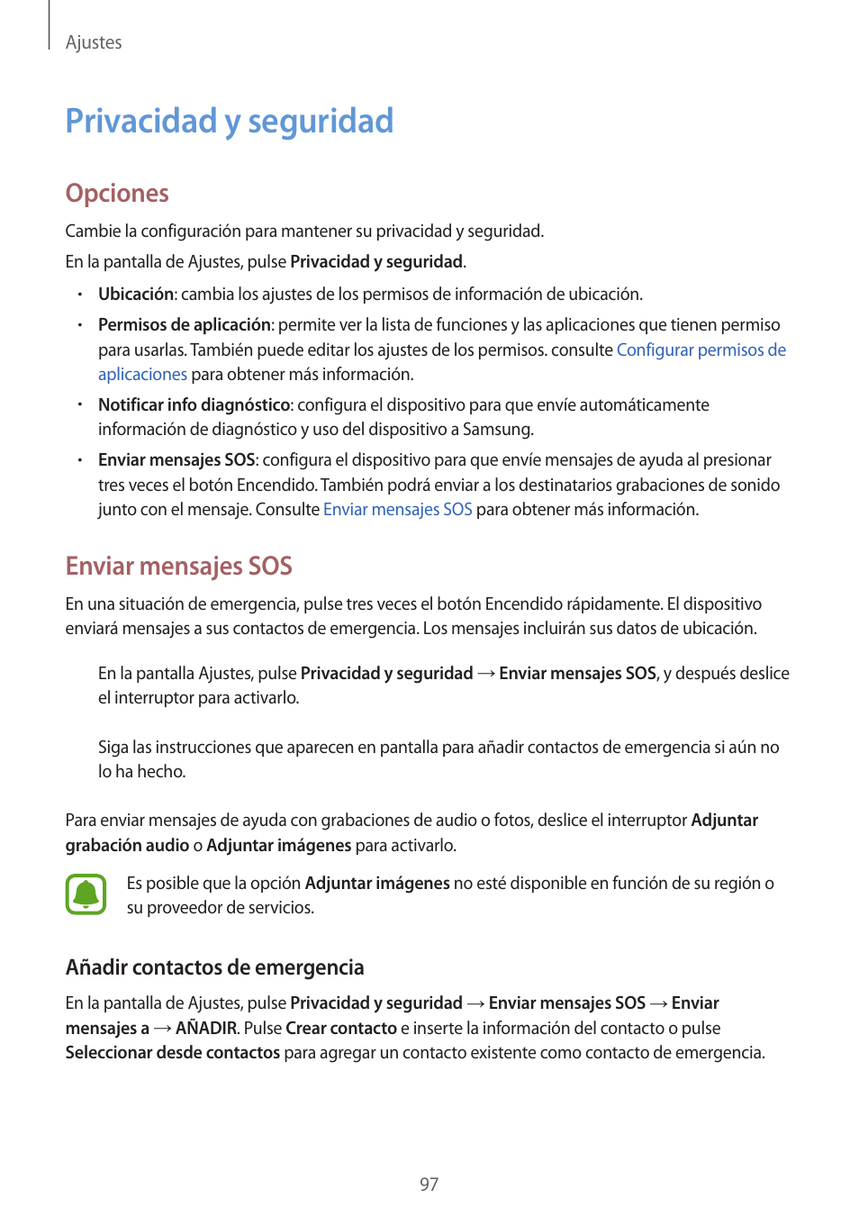 97 privacidad y seguridad, Privacidad y seguridad, Opciones | Enviar mensajes sos | Samsung Galaxy J5 SM-J510FN Manual del usuario | Página 97 / 109