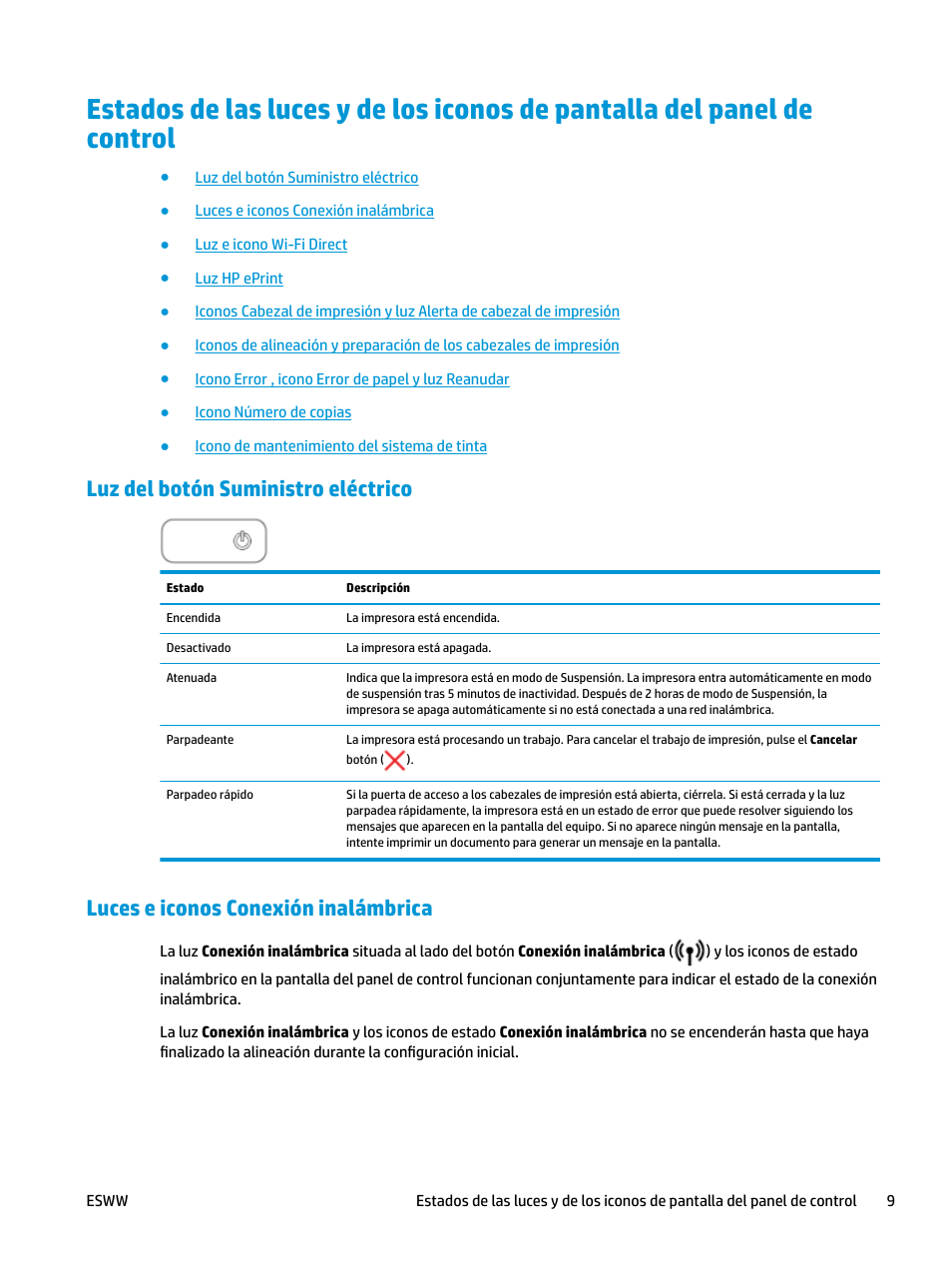 Luz del botón suministro eléctrico, Luces e iconos conexión inalámbrica | HP DeskJet GT 5820 Manual del usuario | Página 15 / 136