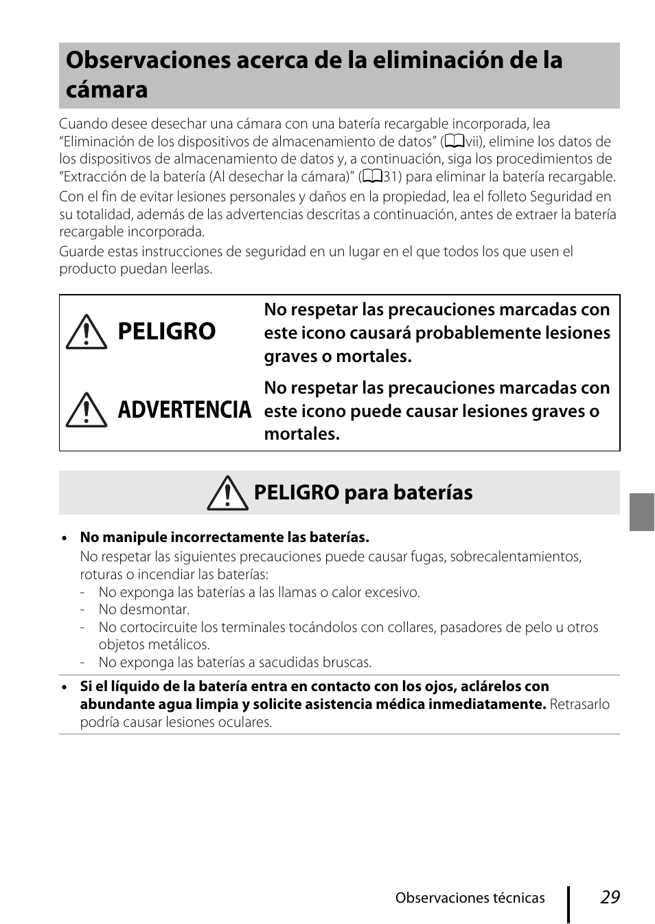 Advertencia, Peligro para baterías | Nikon KeyMission 80 Manual del usuario | Página 39 / 48