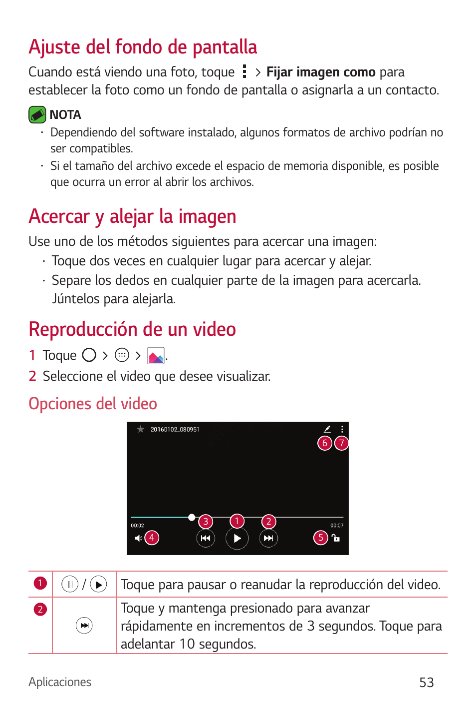 Ajuste del fondo de pantalla, Acercar y alejar la imagen, Reproducción de un video | Opciones del video | LG Phoenix 2 LG-K371 Manual del usuario | Página 54 / 131