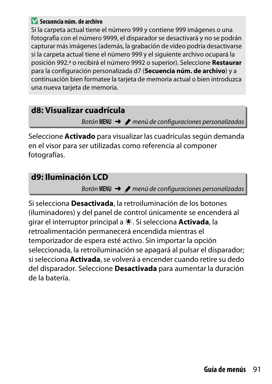 D8: visualizar cuadrícula, D9: iluminación lcd, Rícula | Nikon D500 Manual del usuario | Página 91 / 207