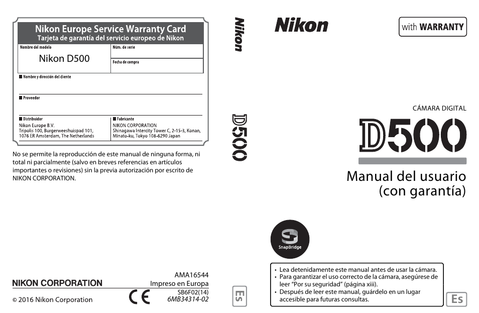 Nikon D500 Manual del usuario | Páginas: 432