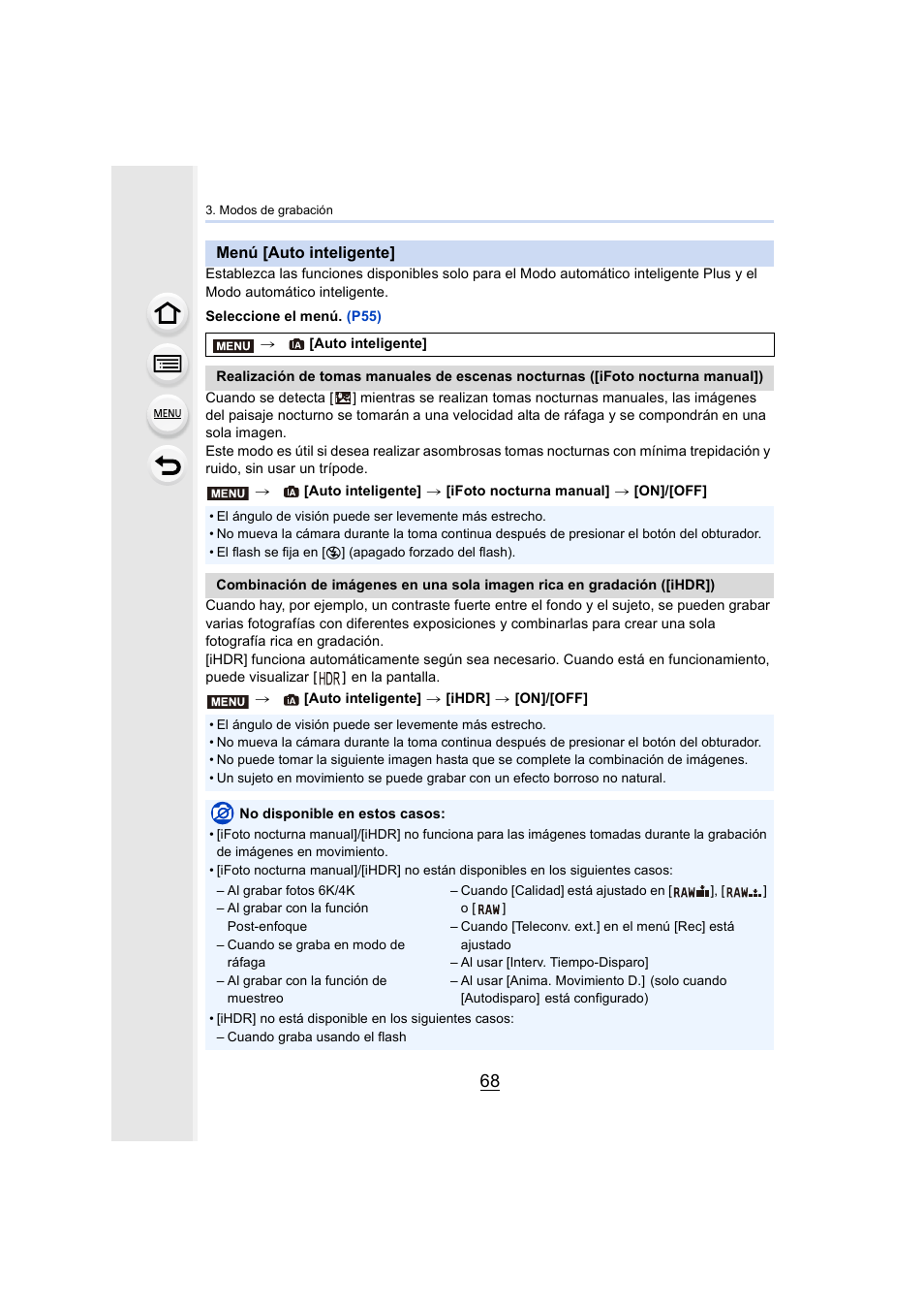 Menú [auto inteligente, P68) | Panasonic Lumix GH5 Manual del usuario | Página 68 / 347