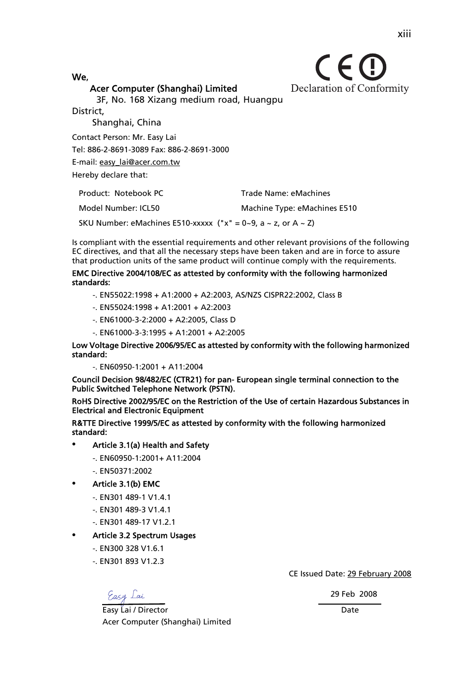 Xiii | eMachines E510 Series User Manual | Page 13 / 64