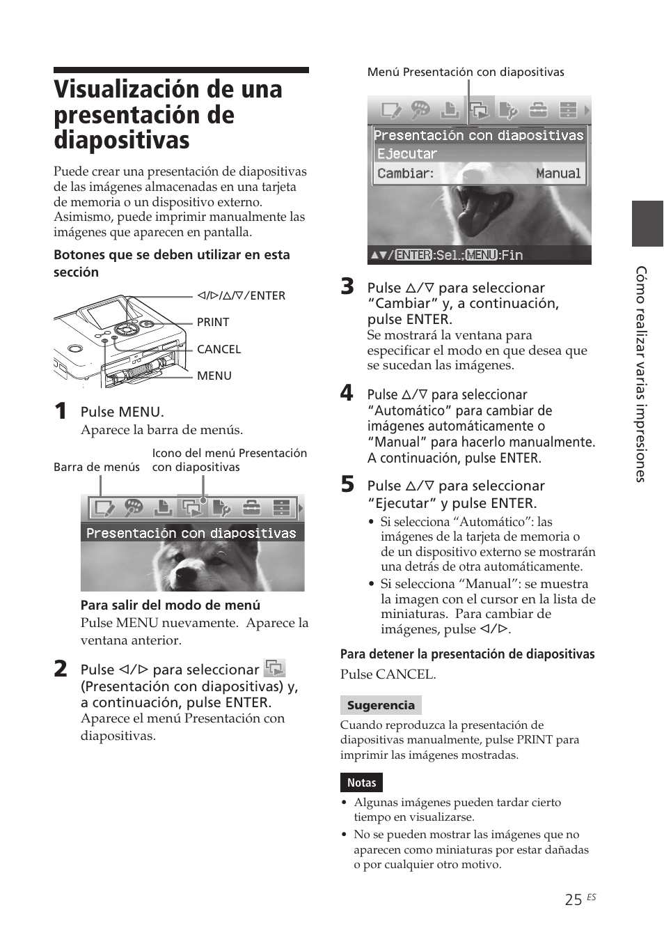 Visualización de una presentación de diapositivas, Visualización de una presentación de, Diapositivas | Sony DPP-FP70 Manual del usuario | Página 25 / 84