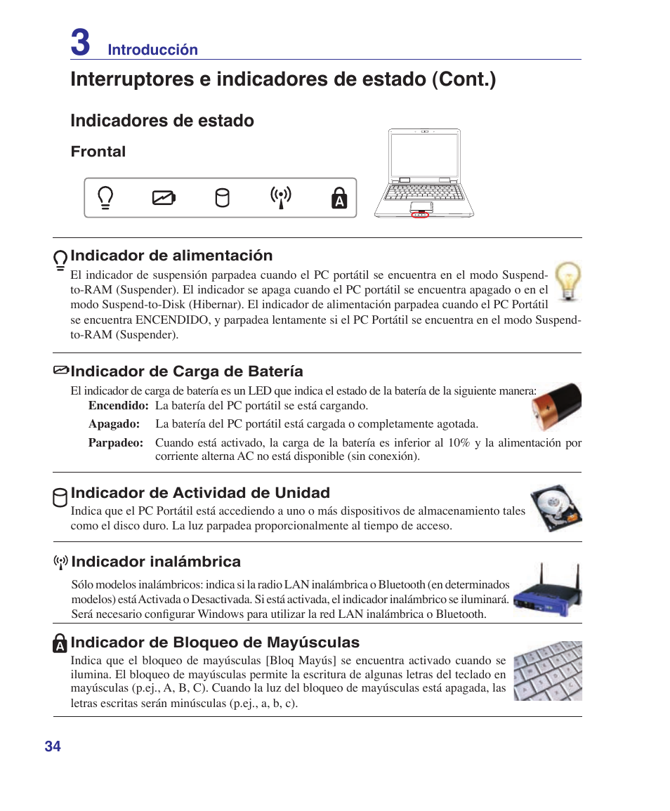 Derribar Respectivamente Insignia Interruptores e indicadores de estado (cont.) | Asus Pro60Ve Manual del  usuario | Página 34 / 85