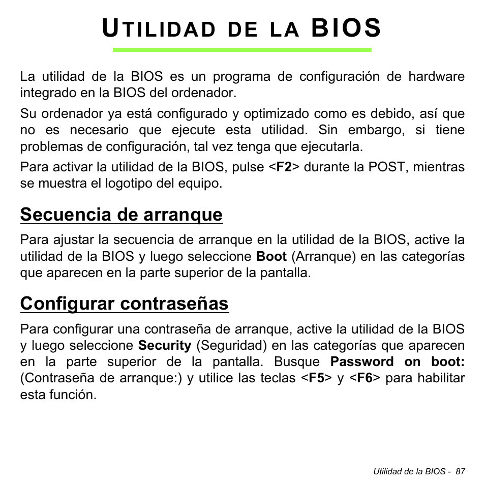 Dar permiso verbo lanzador Utilidad de la bios, Secuencia de arranque, Configurar contraseñas | Acer Aspire E1-572 Manual del usuario | Página 87 / 109 Dar permiso verbo lanzador Utilidad de la bios, Secuencia de arranque, Configurar contraseñas | Acer Aspire E1-572 Manual del usuario | Página 87 / 109