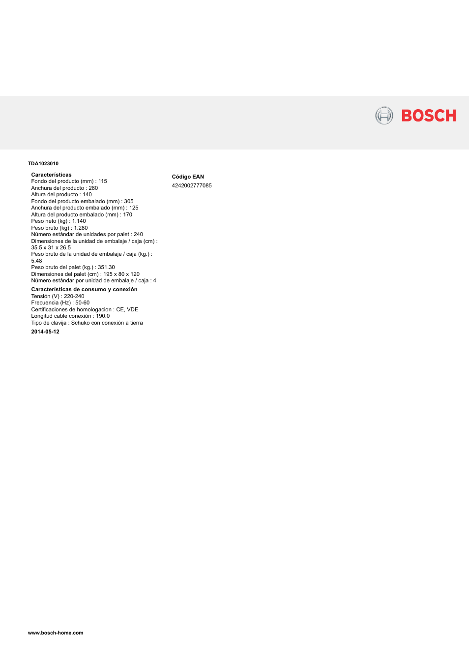 desagüe Andes Confrontar Bosch TDA1023010 Plancha de vapor Sensixx´x DA10 EAN 4242002777085 Manual  del usuario | Página 2 / 2