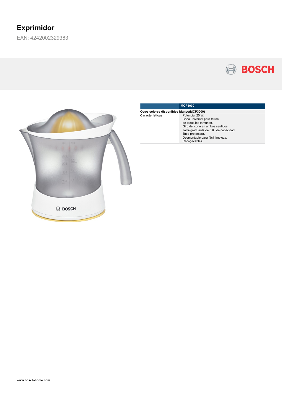 tema Cambiarse de ropa Fraternidad Bosch MCP3000 Exprimidor EAN 4242002329383 Manual del usuario | Páginas: 2
