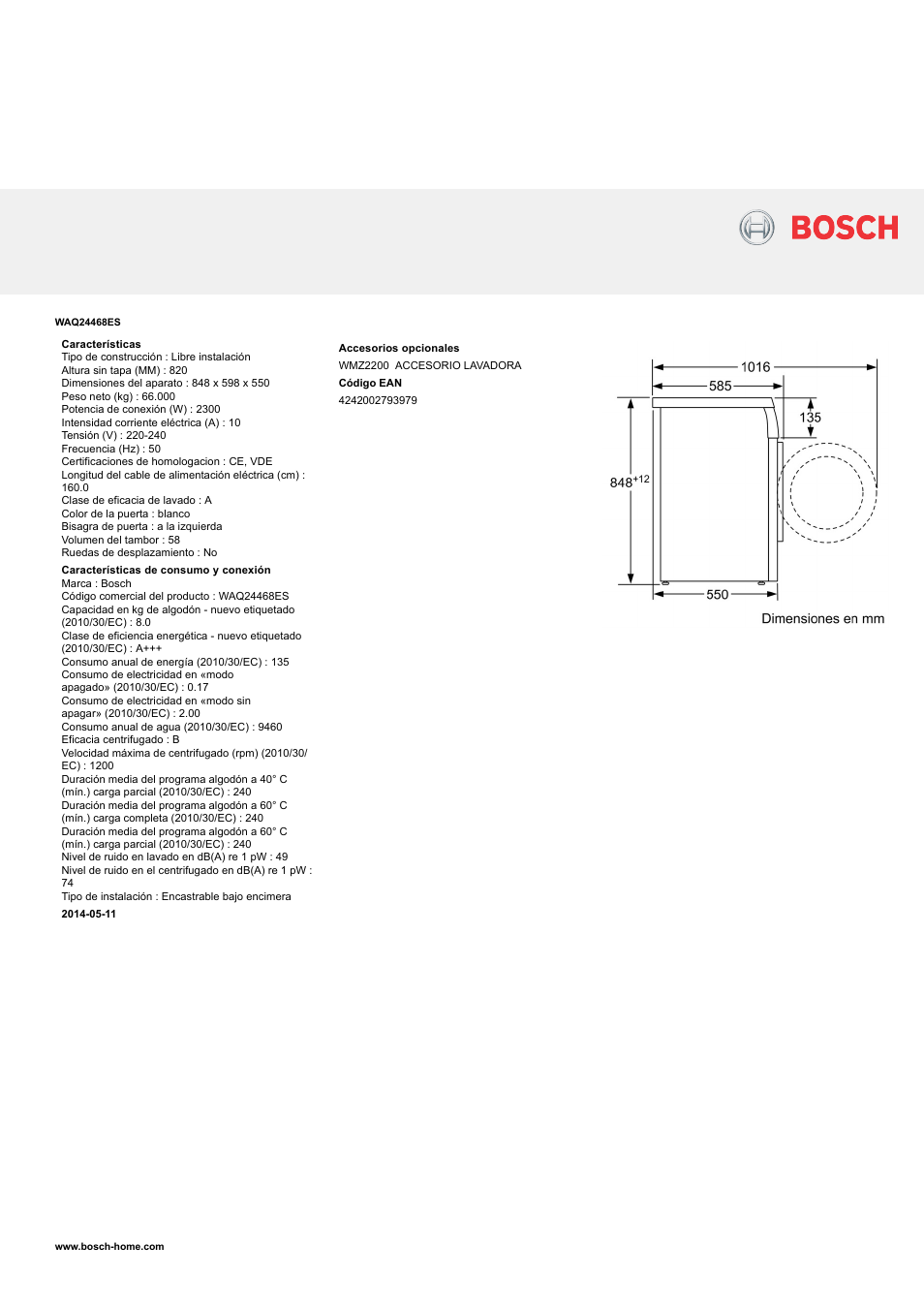 Escarpado Audaz armario Bosch WAQ24468ES Lavadora EcoSilence Blanco EAN 4242002793979 Manual del  usuario | Página 2 / 2 | Original