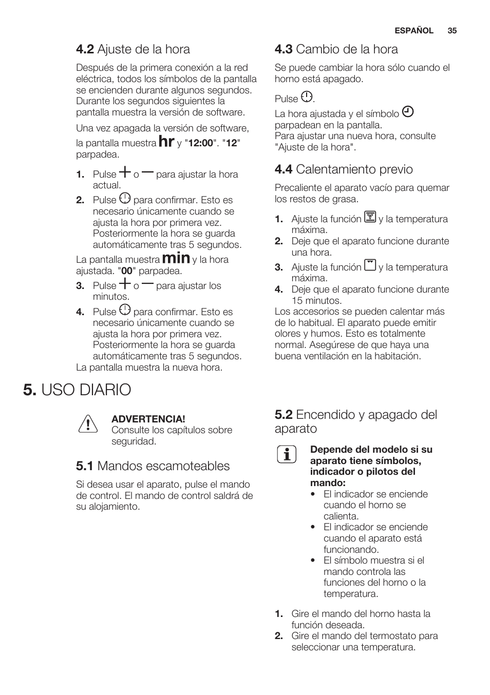 2 ajuste de la hora, 3 de la 4 calentamiento previo | Electrolux EZC2430AOX Manual | Página 35 / 56