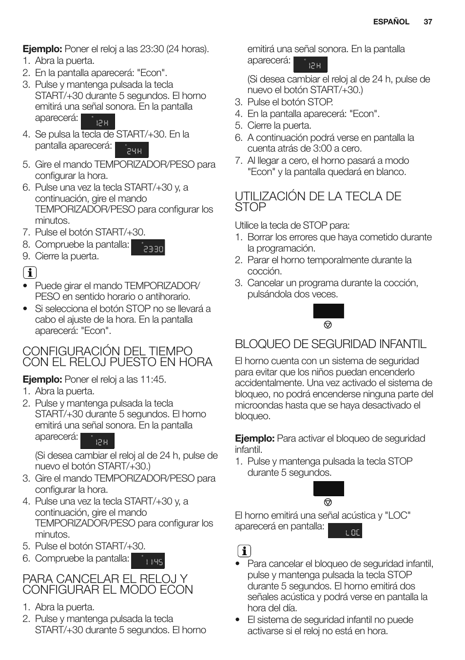 Para cancelar el reloj y configurar el modo econ, Utilización de la tecla de stop, Bloqueo de seguridad infantil | Electrolux EMS17006OX Manual usuario | 37 / 60