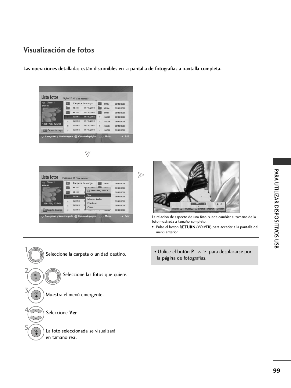 Visualización de fotos, Par a utilizar dispositiv os usb, Lista fotos | LG 32LH40 Manual del usuario | Página 101 / 180