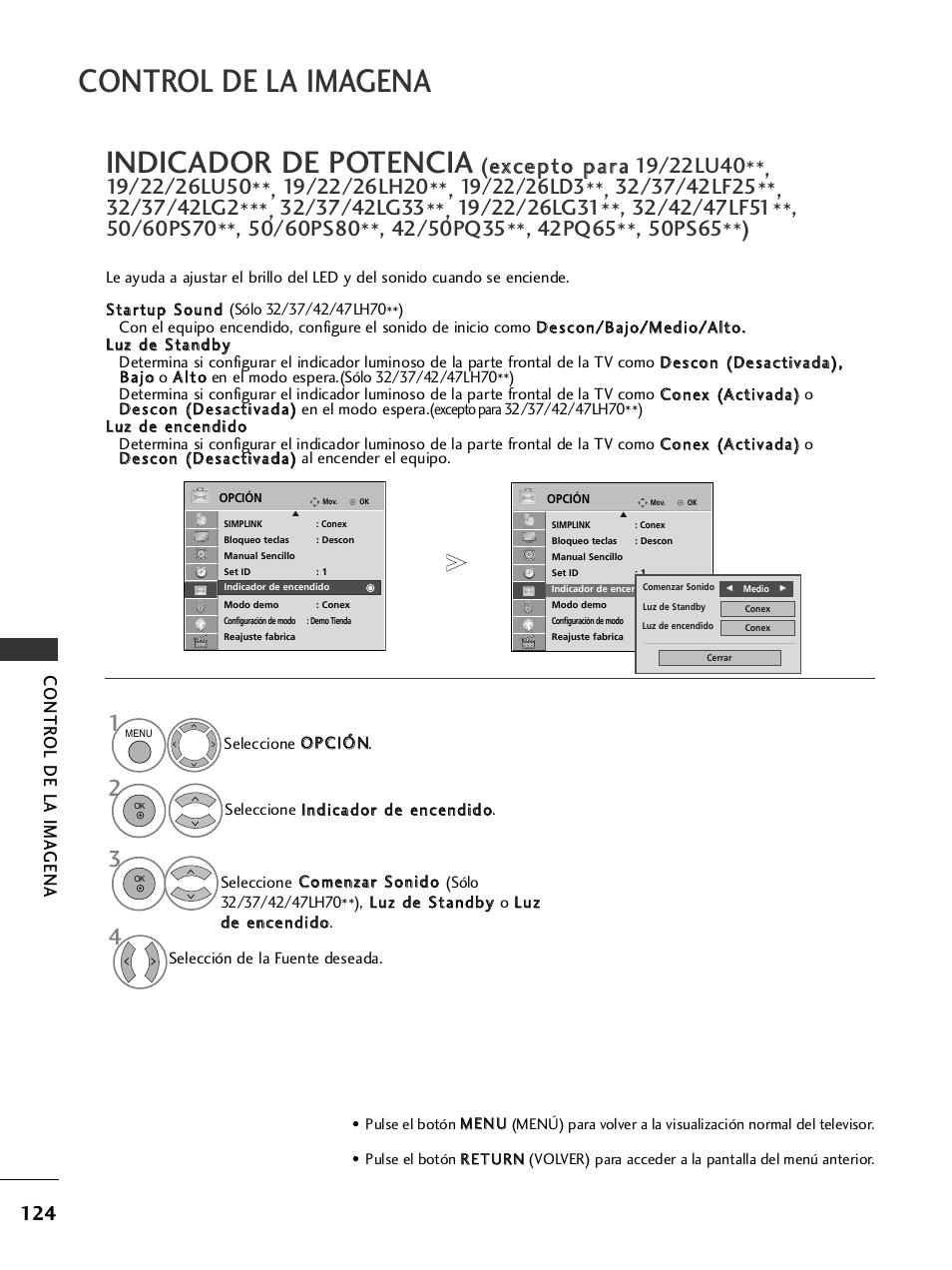 Indicador de potencia, Control de la imagena, Contr ol de la ima gena | LG 32LH40 Manual del usuario | Página 126 / 180