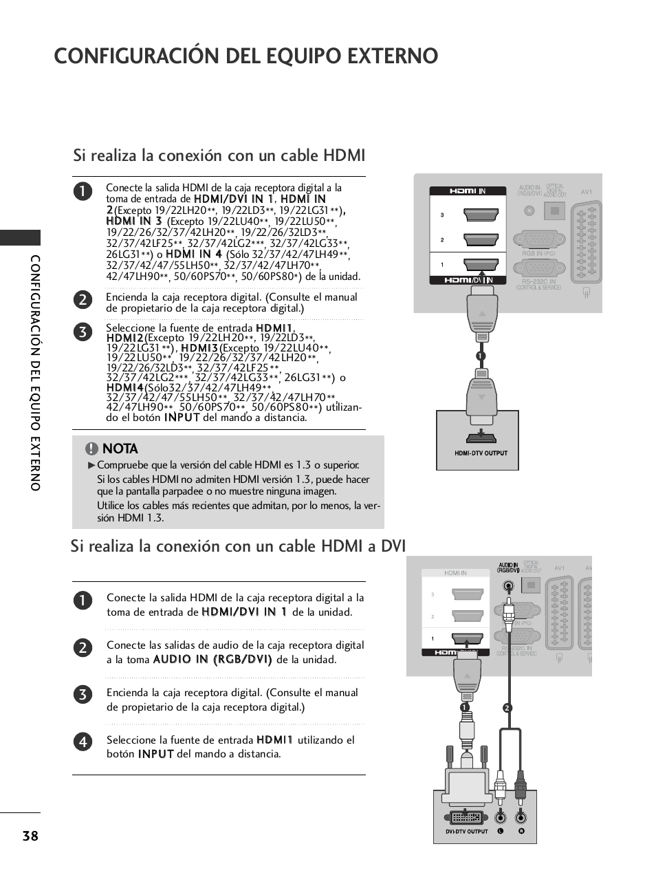 Configuración del equipo externo, Si realiza la con un cable hdmi, Si realiza la conexión con un cable hdmi a dvi | LG Manual del usuario | Página 40 / 180 | Original
