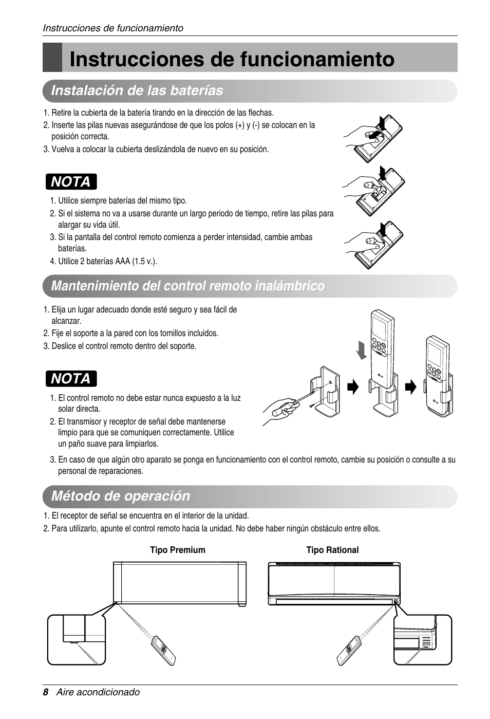 Shuraba pluma Universidad Instrucciones de funcionamiento, Nota, Método de operación | LG ASNW126BMS0  Manual del usuario | Página 8 / 25 | Original