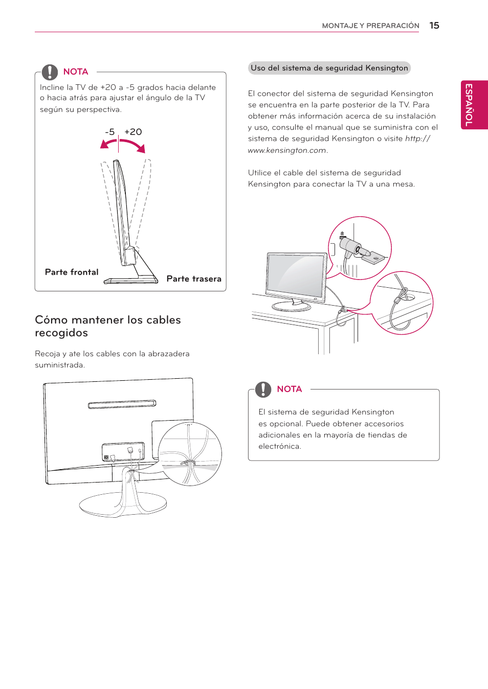 Cómo mantener los cables recogidos | LG 24MS53S-PZ Manual del usuario | Página 15 / 46