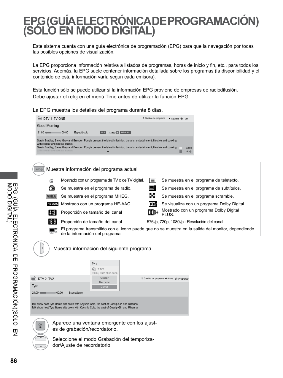 Epg (guía electrónica de, Programación)(sólo en modo, Digital) | LG 55LE5300 Manual del usuario | Página 134 / 206