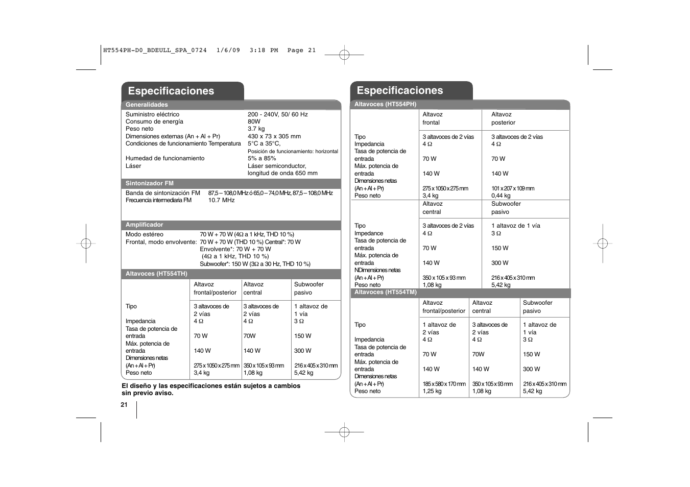 Especificaciones | LG HT554PH Manual del usuario | Página 21 / 22