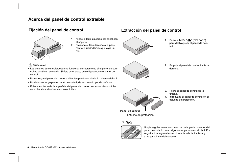 Acerca del panel de control extraíble, Fijación del panel de control, Extracción del panel de control | LG LCS500UR Manual del usuario | Página 6 / 16