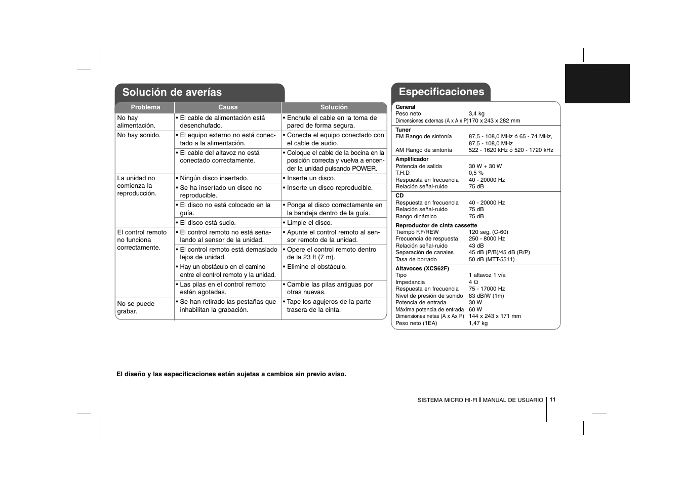 Especificaciones, Solución de averías XC62 Manual del usuario | 11 / 12 | Original