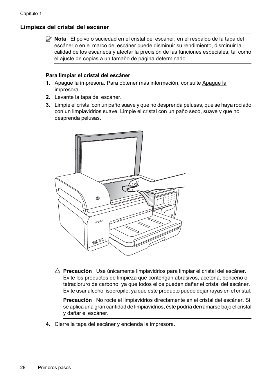 Peligro mental Restricción Limpieza del cristal del escáner | HP Impresora e-Todo-en-Uno de formato  ancho HP Officejet 7500A - E910a Manual del usuario | Página 32 / 268 |  Original