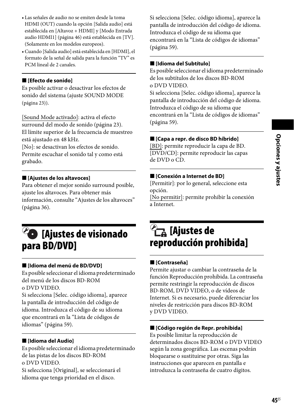 Ajustes de visionado para bd/dvd, Ajustes de reproducción prohibida | Sony BDV-NF620 Manual del usuario | Página 45 / 62