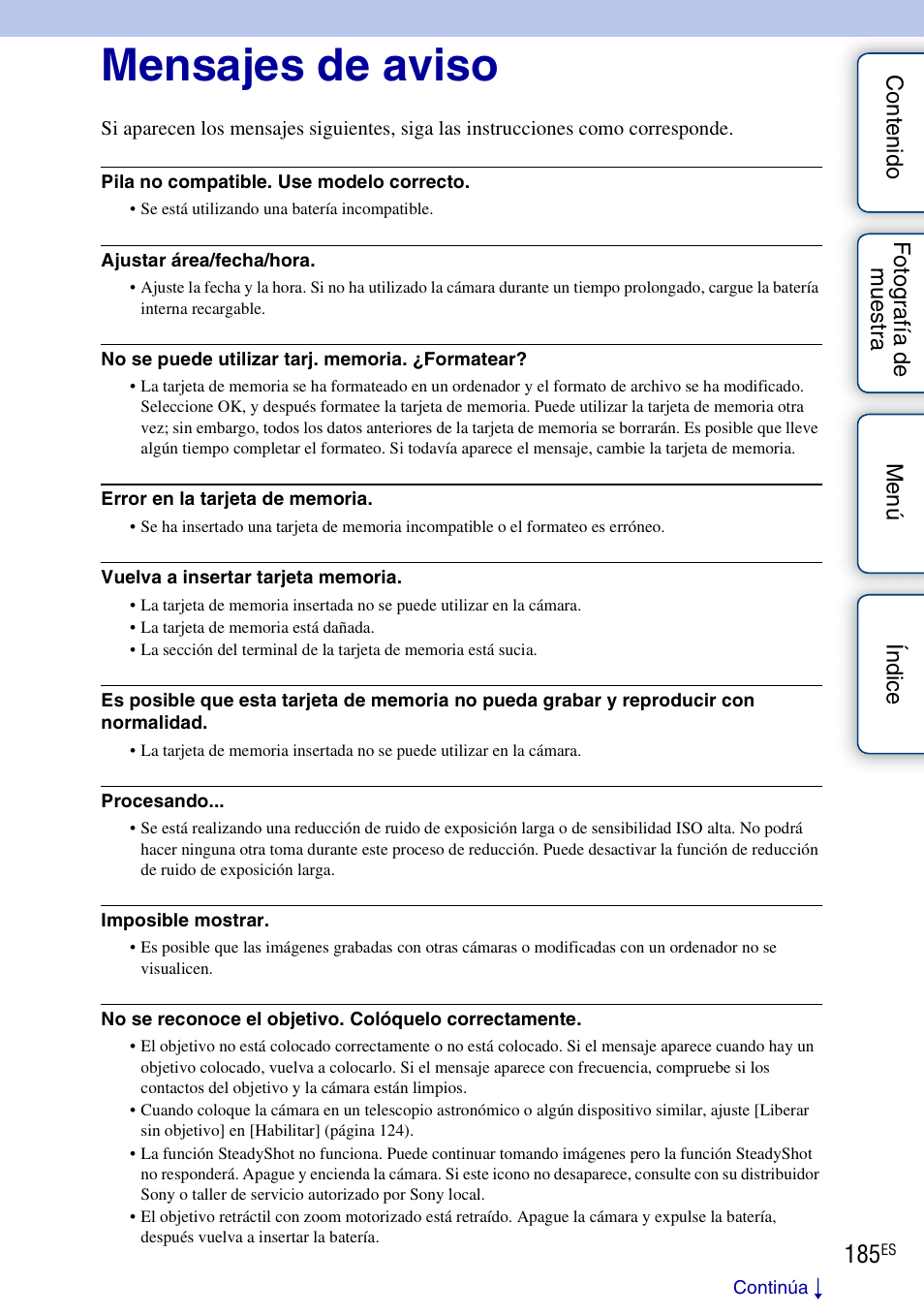 Mensajes De Aviso Sony Nex 3ny Manual Del Usuario Pagina 185 1 Original