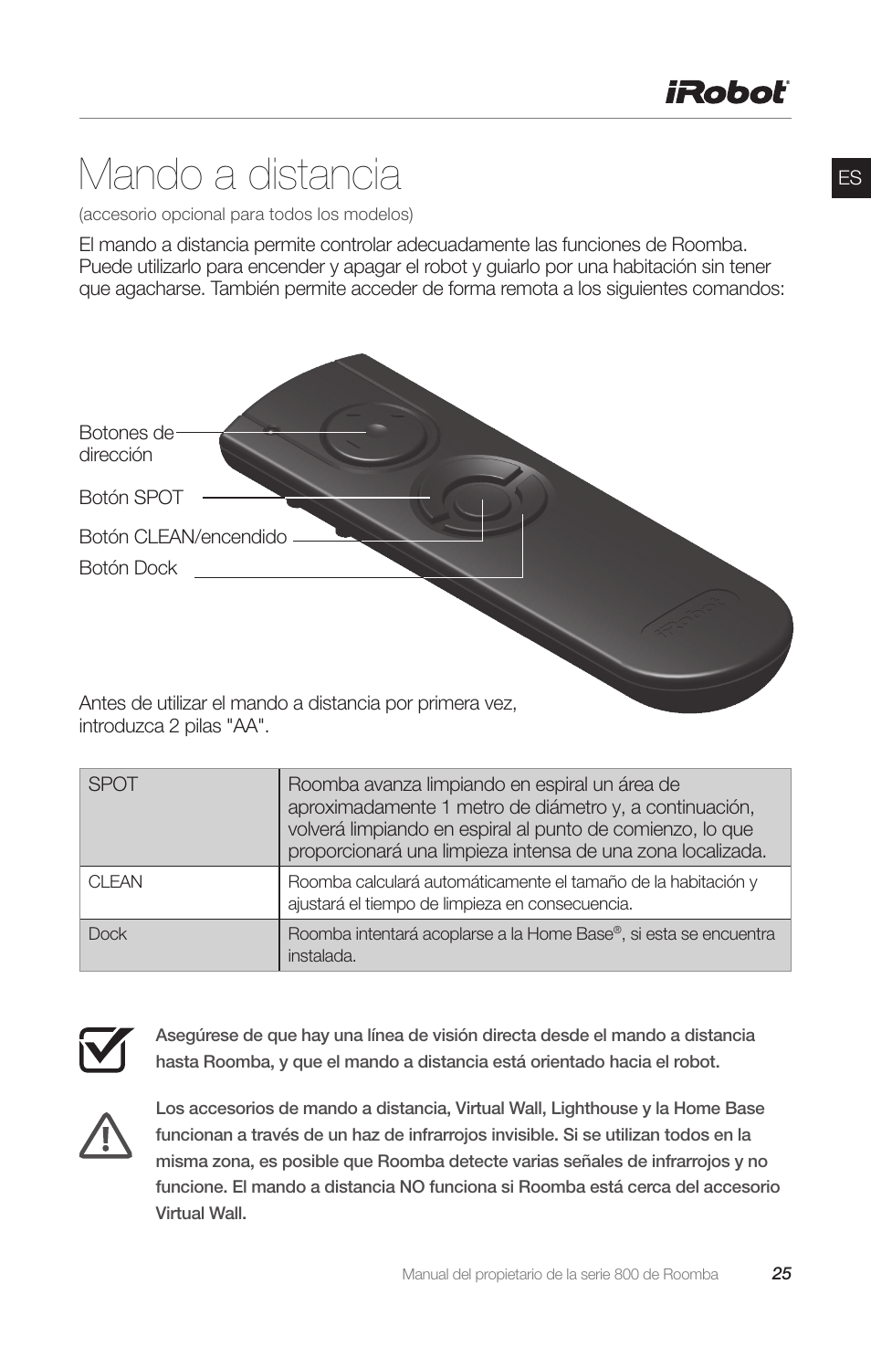 mel Blind tillid handle Mando a distancia | iRobot Roomba 800 Series Manual del usuario | Página 25  / 40 | Original