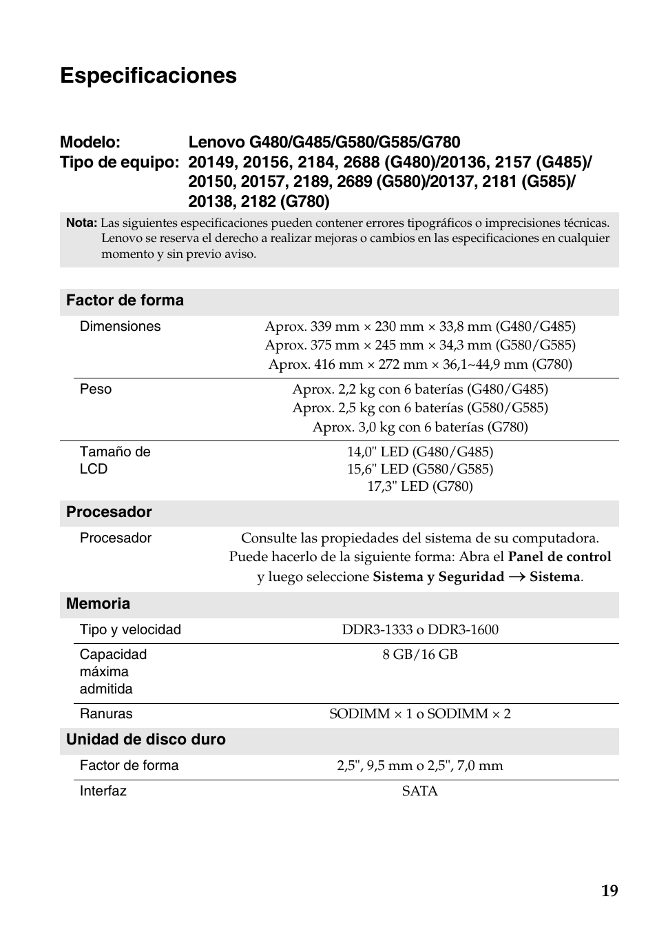 Especificaciones | Lenovo G585 Notebook Manual del usuario | Página 19 / 21