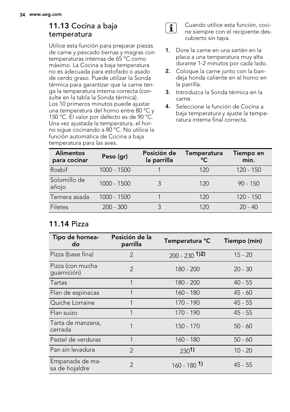 fusible Falsedad Formación 13 cocina a baja temperatura, 14 pizza | AEG BS7314021M Manual del usuario  | Página 34 / 48 | Original